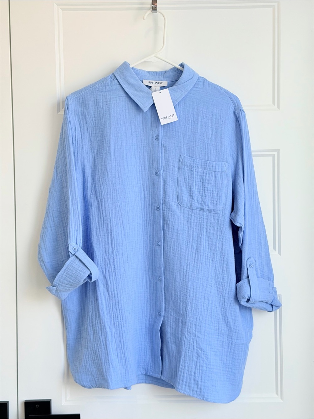 Nine West Sky Blue Cotton Gauze Button-Down Shirt